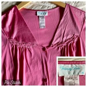Vtg 80s 90s Vanity Fair SS Sleep Lounge Top XL Satin Buttons Flower Pink Girly